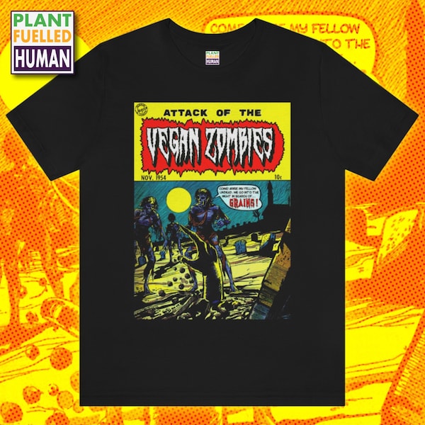 Attack Of The Vegan Zombies Comic TShirt, Horror Comicbook TShirt, Vegan T-Shirt, Vegan Graphic Shirt, Vegan Clothing, Animal Liberation