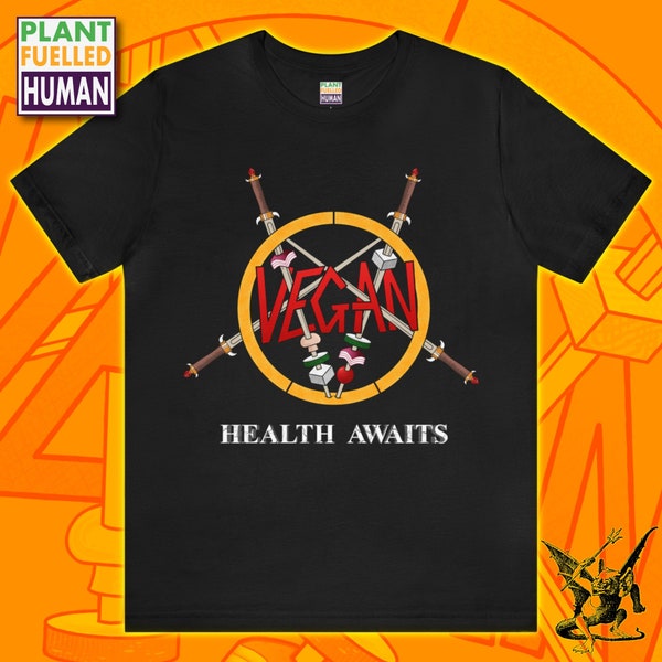 Health Awaits Vegan T Shirt, Retro Thrash Metal Inspired Tee, Vintage Graphic Tee, Vegan Chef Apparel, Animal Liberation, Pentagram T-Shirt