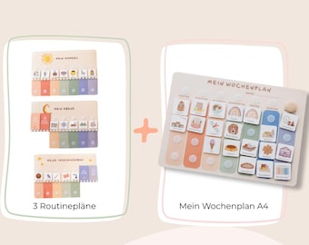 Weekly planner including 3 routine plans. Colorful children's daily routines. Montessori routines. Routine plan. Daily plan. A4. Kindergarten. School. Picture cards.