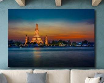 Wat Arun Temple, Thailand Photography, Bangkok, River, Canvas Wall Art, Bangkok Photo, Temple Decor, Travel Photo, Dusk, Sunset