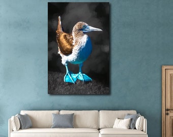 Blue Footed Booby Canvas Print, Galapagos Islands, Bird Photography, Canvas Print, Wall Art, Painterly Photo Art, Nature, Travel, Gift