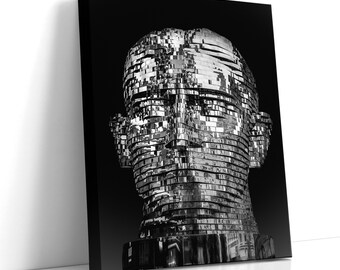 Kafka Art Print, Prague Photography, Black White Modern Wall Canvas, Kinetic Silver Statue Decor