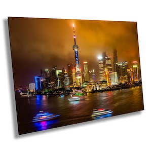 Fotografía del horizonte de Shanghái, arte fotográfico, impresión en lienzo, decoración del hogar, arte mural, edificios, paisaje urbano, barcos, niebla, Torre de Shanghái