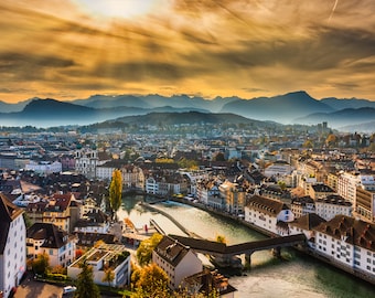 Lucerne Cityscape Print, Lucerne Sunrise Photo Art, Canvas Print, Canvas Wall Art, Fine Art Print