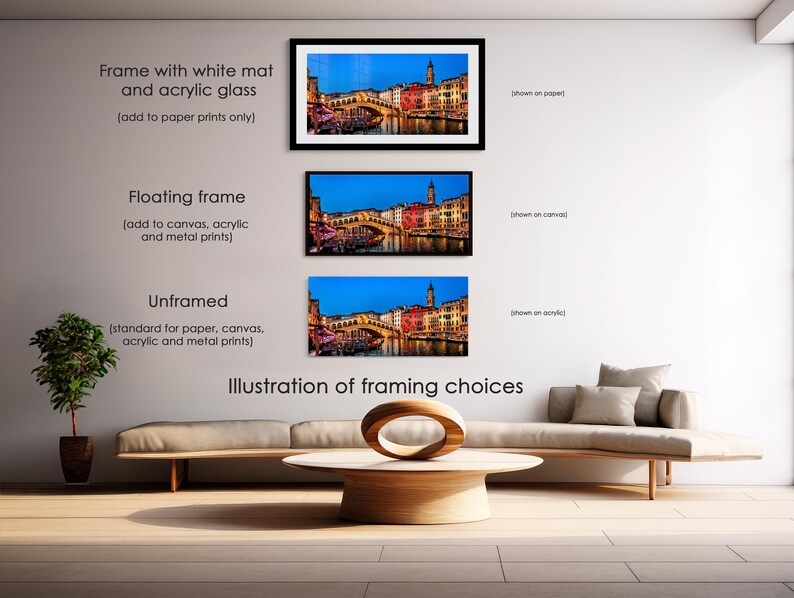 a modern living room with a white sofa, a wooden coffee table, and a potted plant. There are three framed artworks hanging on the wall, each with different frames and mat materials. The artworks depict cityscapes, including bridges and buildings, in various styles and colors. The image also includes text that provides information about the different framing options, such as the frame with white mat and acrylic glass, the floating frame, and the unframed illustration of framing choices.