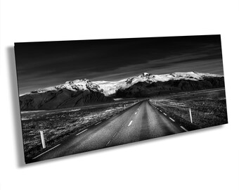 Icelandic Landscape Highway Print, Black White Travel Wall Art, Snow-Capped Mountains, Nordic Nature