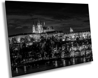 Prague Castle Print, Black and White Charles Bridge Wall Art, Gothic Architecture, Travel Poster