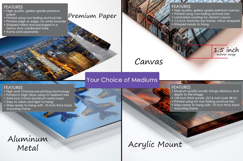 The image is a collage of four different types of wall art, each with its own unique features and characteristics.