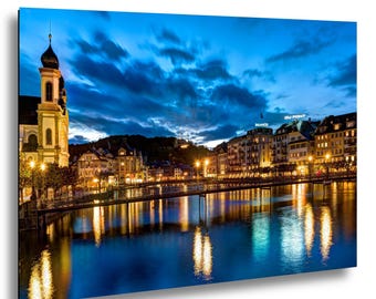 Lucerne Print, Nightscape Canvas, Swiss Decor Wall Art, Switzerland Travel Photography
