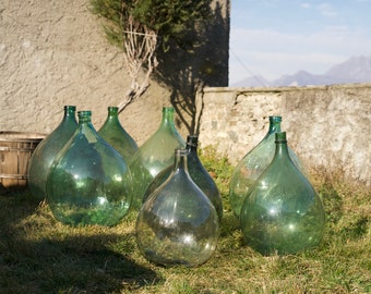 Dames-jeannes XXL vintage 54 litres - vases de sol bleu vert transparent - dame-jeanne - vase en verre italien - décoration bouteille de vin