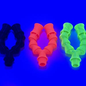 May include: Three flexible, Y-shaped tubes in black, orange, and green against a blue background. Each tube has a threaded end and a ribbed, accordion-like design. The tubes are likely for plumbing or industrial use.