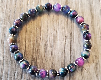 Natural Gemstone Rainbow Tiger's Eye Stone Bracelet, Healing, Strength, Protection, Stretch Bracelet