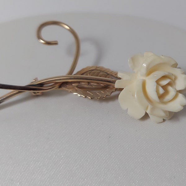 Vintage 4 Winard 12K Gold Filled Carved Celluloid Rose Long Stem Flower Brooch Pin