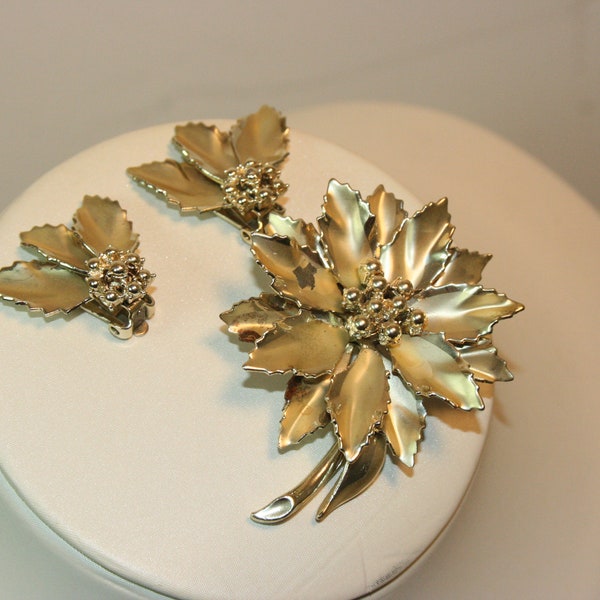 Vintage Signed Coro Gold Toned Flower and Leaf Brooch and Earring Set