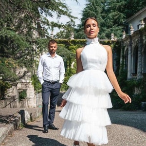 White halter neck tulle reception dress for bride, courthouse wedding dress, short wedding dress, cocktail frill-layered fluffy midi dress