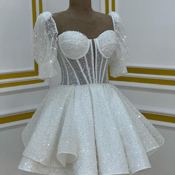 Wedding reception dress Sparkly mini wedding dress Elopement dress sleeves Engagement photoshoot dress Beaded white tulle dress