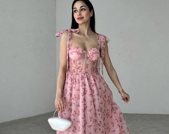 Floral corset cocktail wedding guest dress Rehearsal dinner dress Engagement dress Fairy photoshoot dress Graduation dress Sweet 16 gown