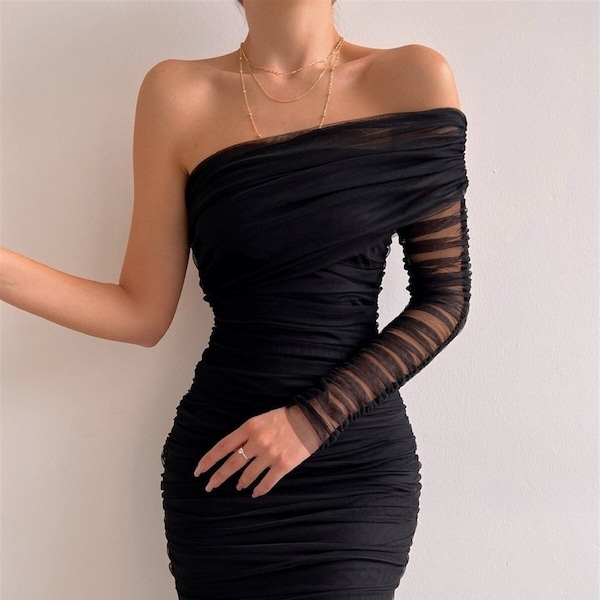 Cocktail dress for wedding guest, tulle black prom dress, formal dress for woman