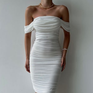 Off Shoulder White Ruched Midi Dress for Reception Dinner - Etsy