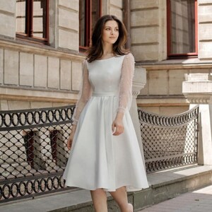 Short White Wedding Dress With Sleeves Modest Reception Dress Elope ...