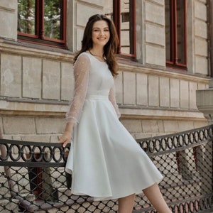Short White Wedding Dress With Sleeves Modest Reception Dress - Etsy