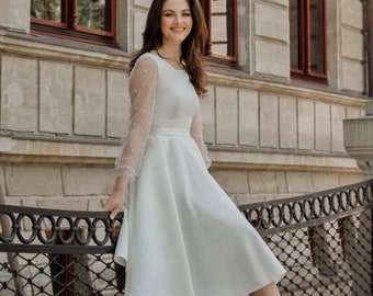 Short white wedding dress with sleeves Modest reception dress Elope engagement photoshoot midi dress Courthouse wedding dress