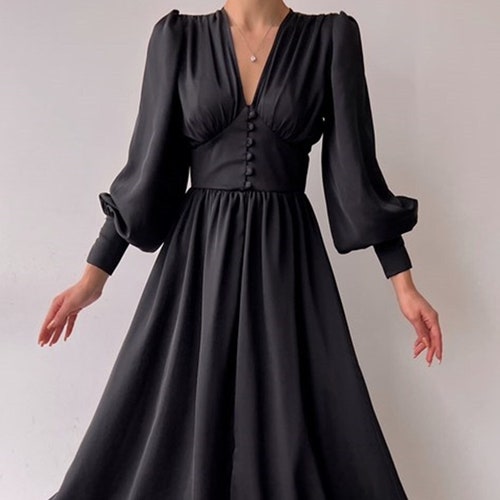 Black formal dress, Black dress for wedding guest, prom vintage style dress, mother of the bride dress, satin puff sleeve dress with buttons