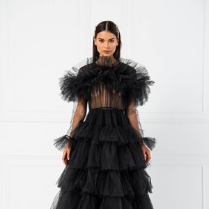 Ruffle layered tulle black prom dress, black wedding dress, formal pink tulle dress, photoshoot gown, graduation, engagement dress