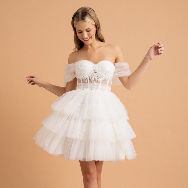 Mini corset white tulle wedding dress Engagement photoshoot Elopement Homecoming Bridal shower layered puffy tutu dress