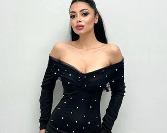 Formal black wedding guest dress Midi graduation dress Cocktail dress with long sleeves and pearls black tie evening party gown