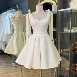 White mini wedding reception dress Satin red graduation dress Rehearsal dinner dress Bridal shower Short prom dress Engagement photoshoot