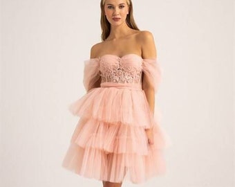 Short tulle blush pink corset homecoming dress Graduation dress Fancy bridal shower dress Party dress Quinceanera dress Elope tutu dress