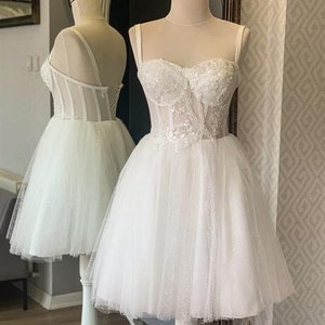 Sparkly mini wedding dress Bridal shower dress White dress corset homecoming wedding cocktail after party reception dress for bride