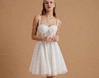 Reception dress for bride Bridal shower sparkly sequin short wedding dress Mini white tulle corset rehearsal dinner elopement black gown