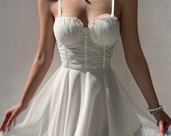 Short white tulle dress, bridal shower dress, bachelorette party dress, homecoming dress, white cocktail dress