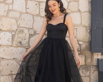 Black tulle prom dress, midi bridesmaid dress, prom dress ball gown, evening dress, semi formal dress, tea length dress