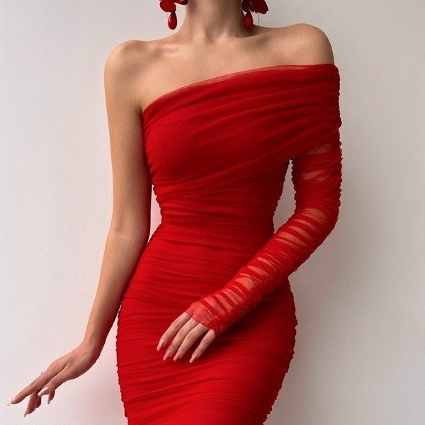 Red tulle dress Elegant evening dress Romantic dress Wedding guest cocktail dress for woman Maid of honor