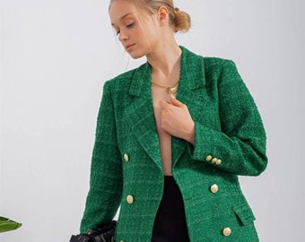 Emerald green double breasted plaid tweed blazer, Chic slim coat, lapel neck tweed blazer, fall jacket