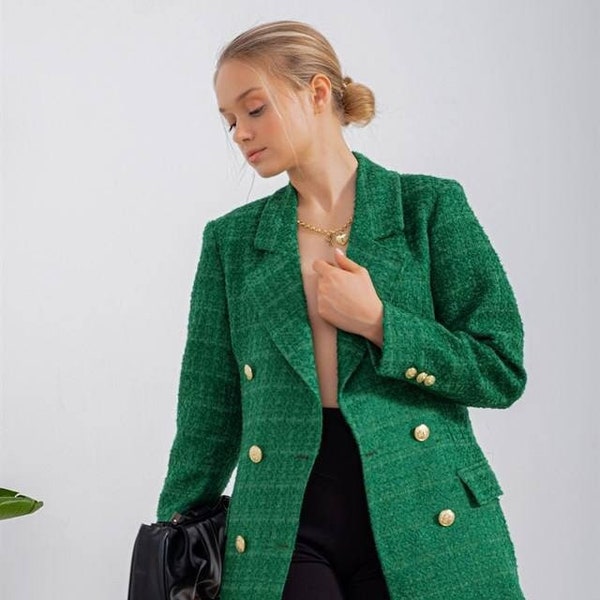 Blazer en tweed à carreaux à double boutonnage vert émeraude, manteau mince chic, blazer en tweed à col revers, veste d'automne