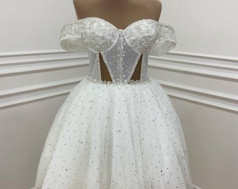 Tutu mini wedding dress Bachelor party Hen bridal shower dress Engagement photoshoot dress Cocktail civil wedding dress afterparty gown