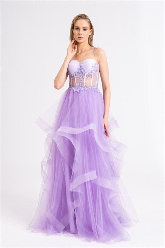 Wedtrend Women Purple A Line Spaghetti Straps Tulle Corset Tiered Wedding Guest Dress, Purple / US26W