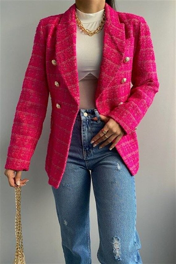 plaid tweed blazer womens