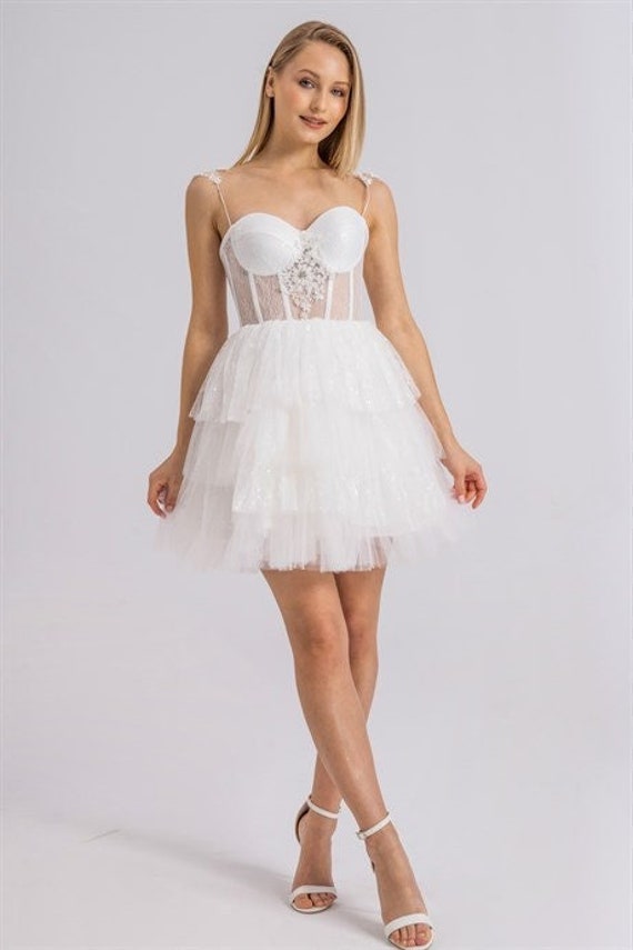 Mini Wedding Dress Dress, Short White Tulle Corset Wedding Dress