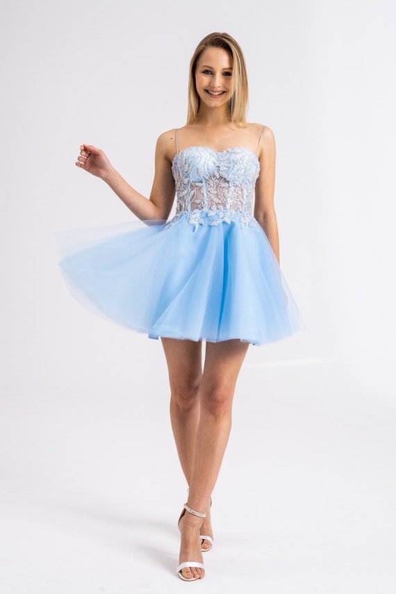 Blue Short Tulle Corset Homecoming Dress Short Prom Dress