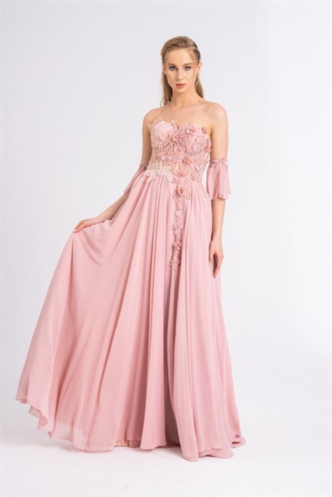 Strapless Blush Pink Corset Prom Dress Fairy Ball Gown Beach Wedding