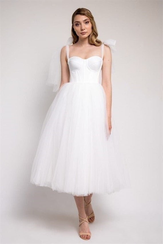 Corset Dress White Tulle Midi Dress Short Wedding Dress Reception Dress for  Bride Rehearsal Dinner Dress 
