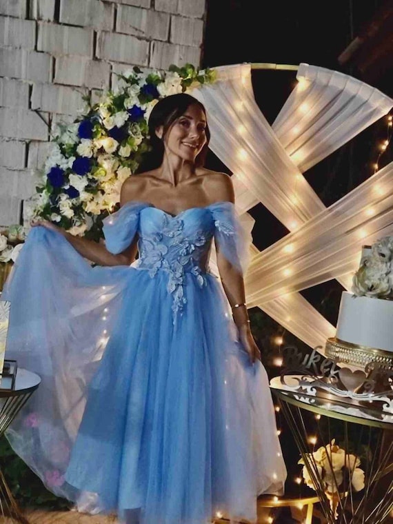 Blue Corset Tulle Prom Dress, Prom Ball Gown, Formal Midi Bustier Dress,  Midi Bridesmaid Dress, Embroidered Floral Reception Evening Gown -   Canada