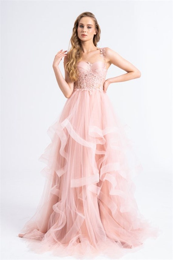 Corset Prom Pink Dress, Fairy Prom Dress, Fantasy Dress, Ball Gown, Tulle  Wedding Dress With Ruffles 