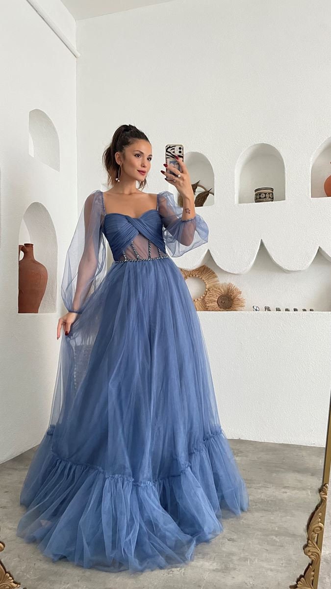 Lucyinlove Elegant Chiffon Blue Formal Evening Dress long luxury 2024 Women  Wedding Party Prom Sequin Short