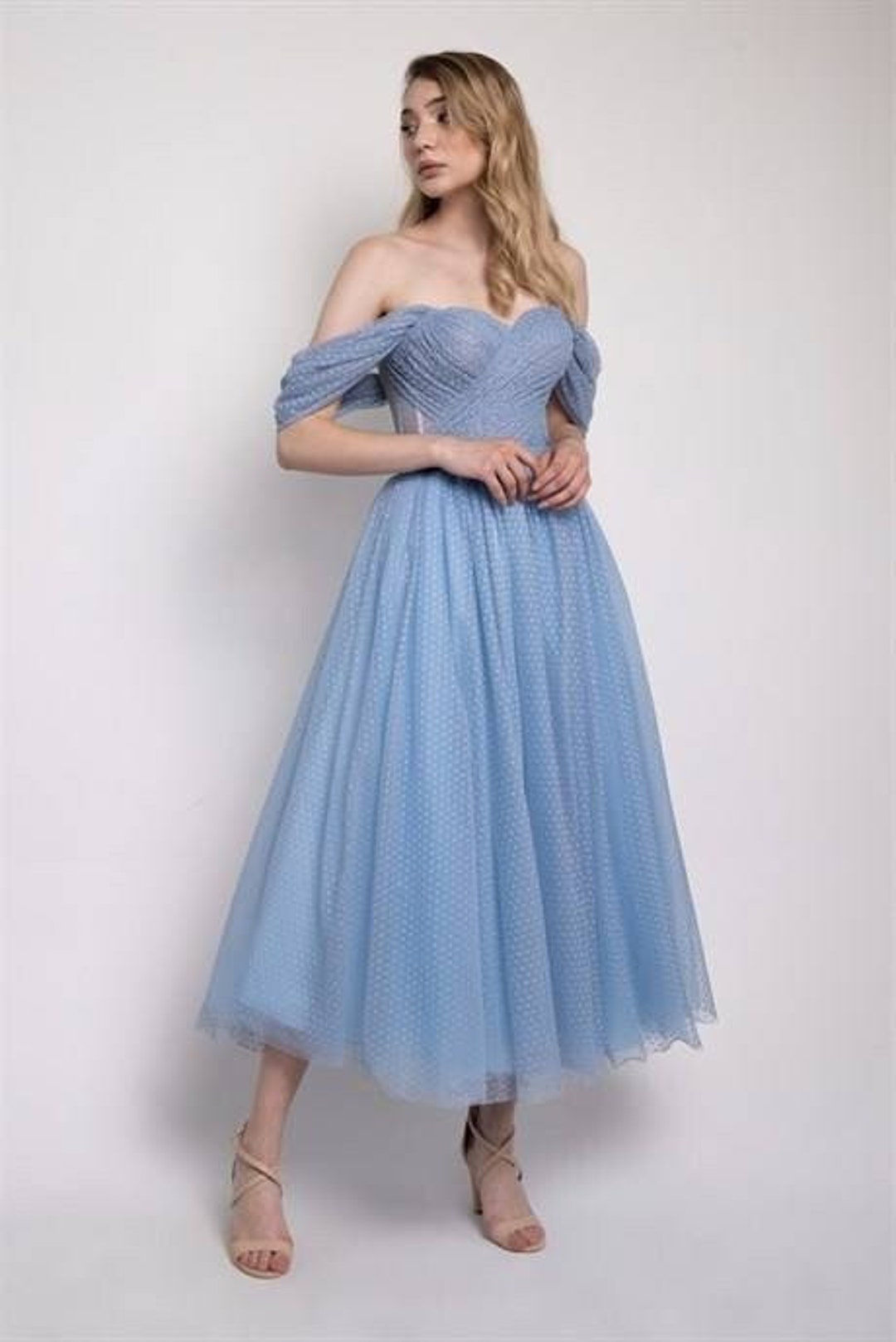 Corset Tulle Prom Tea Length Dress Bridesmaid Blue Formal Dress
